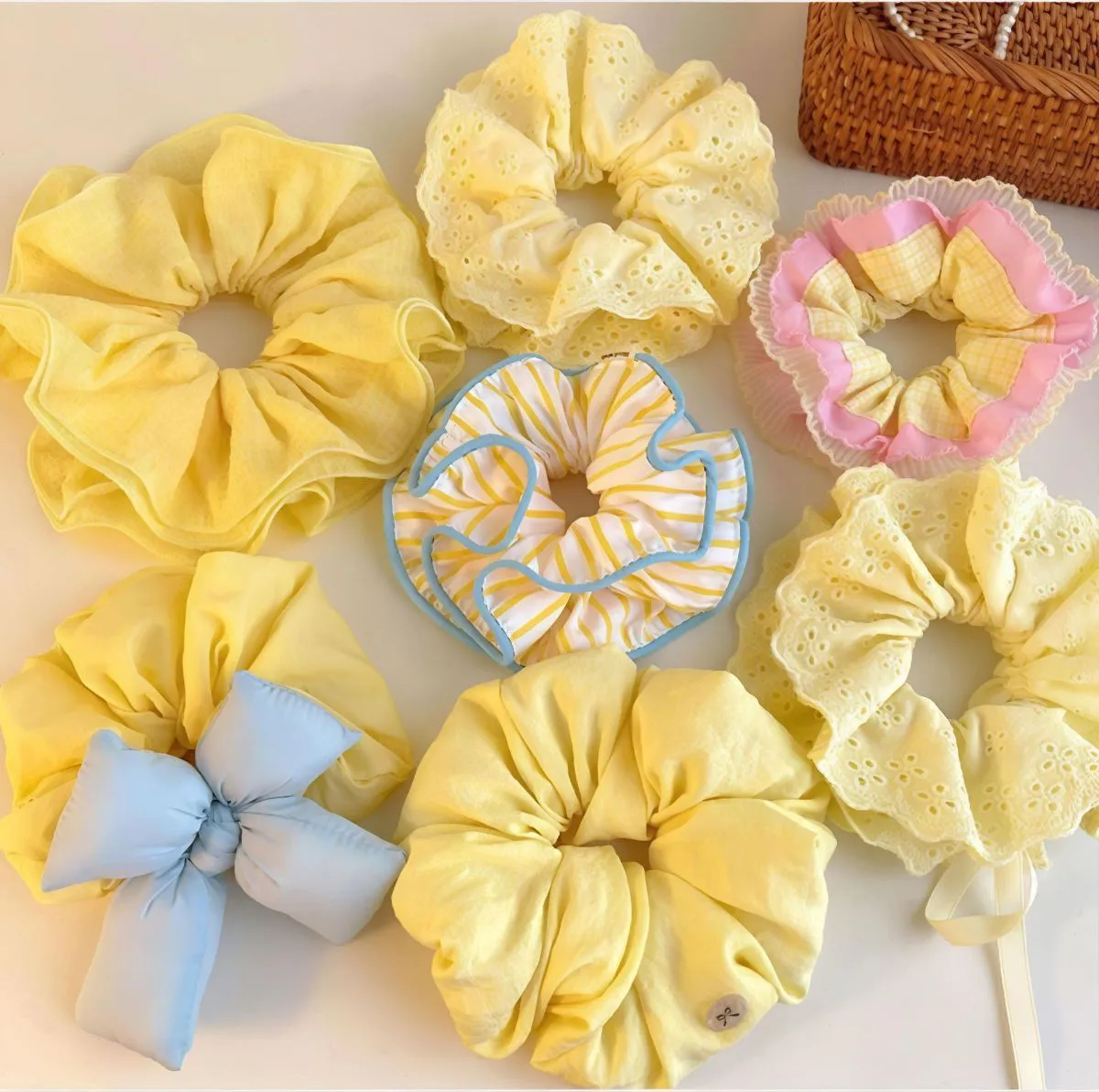Korean Style Yellow Striped Large Scrunchie – Oversized Hair Tie for Bun & Ponytail, Elegant French Design Hair Accessory for Women